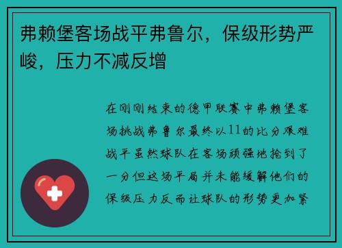 弗赖堡客场战平弗鲁尔，保级形势严峻，压力不减反增